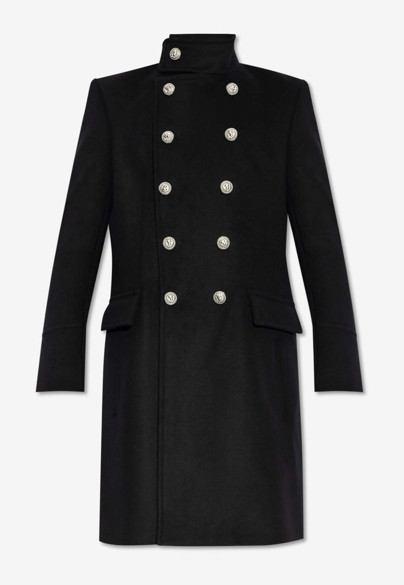 Balmain Double-Breasted Wool Pea Coat Black DH1UC005 WB72-0PA