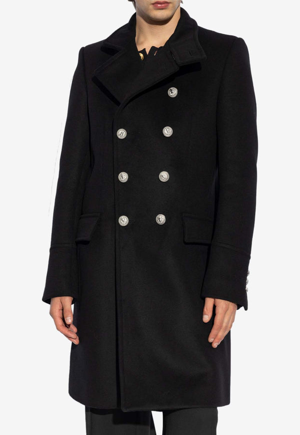 Balmain Double-Breasted Wool Pea Coat Black DH1UC005 WB72-0PA