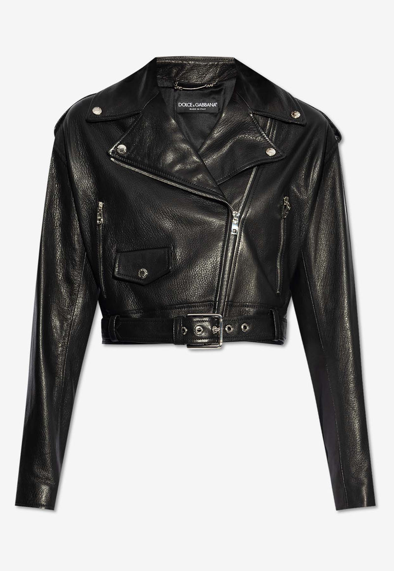 Dolce & Gabbana Zip-Up Cropped Leather Biker Jacket Black F9R87L HULVJ-N0000