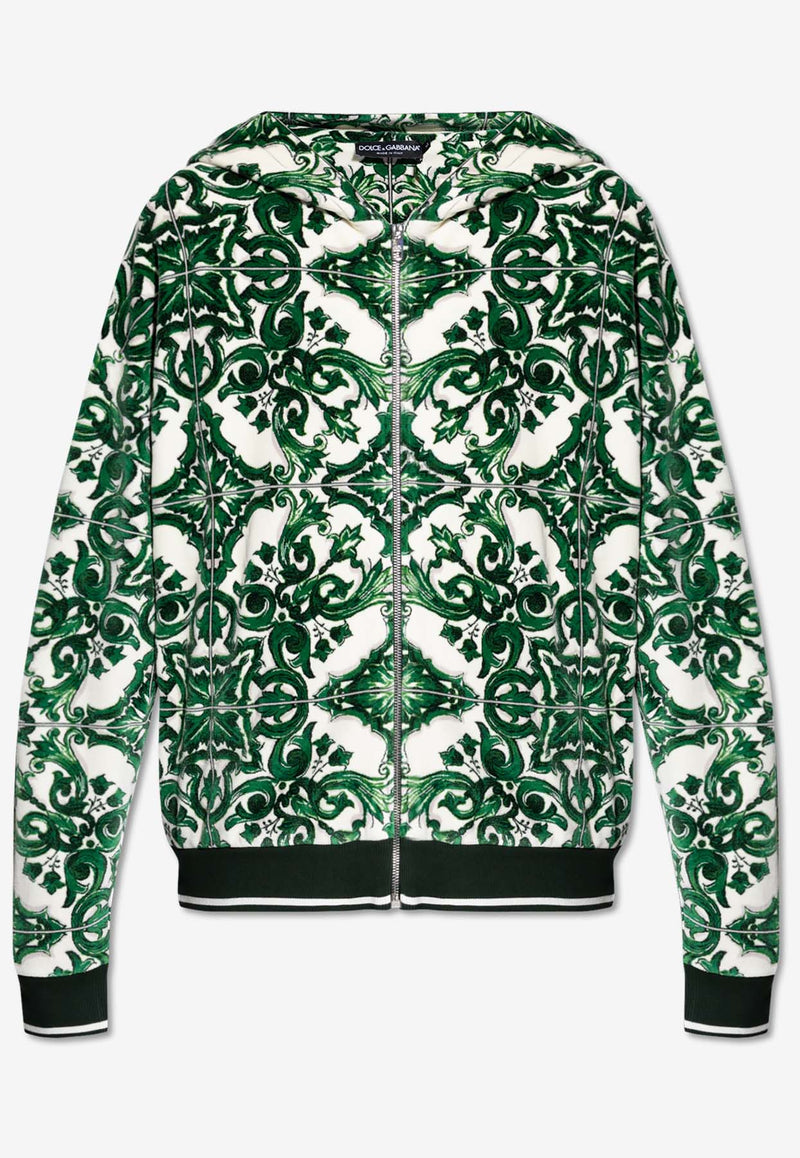 Dolce & Gabbana Majolica Print Zip-Up Hooded Sweatshirt Green G9AYCT HJMP9-S8350