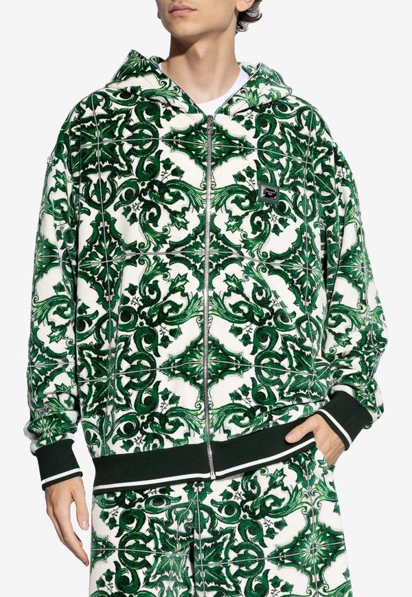 Dolce & Gabbana Majolica Print Zip-Up Hooded Sweatshirt Green G9AYCT HJMP9-S8350