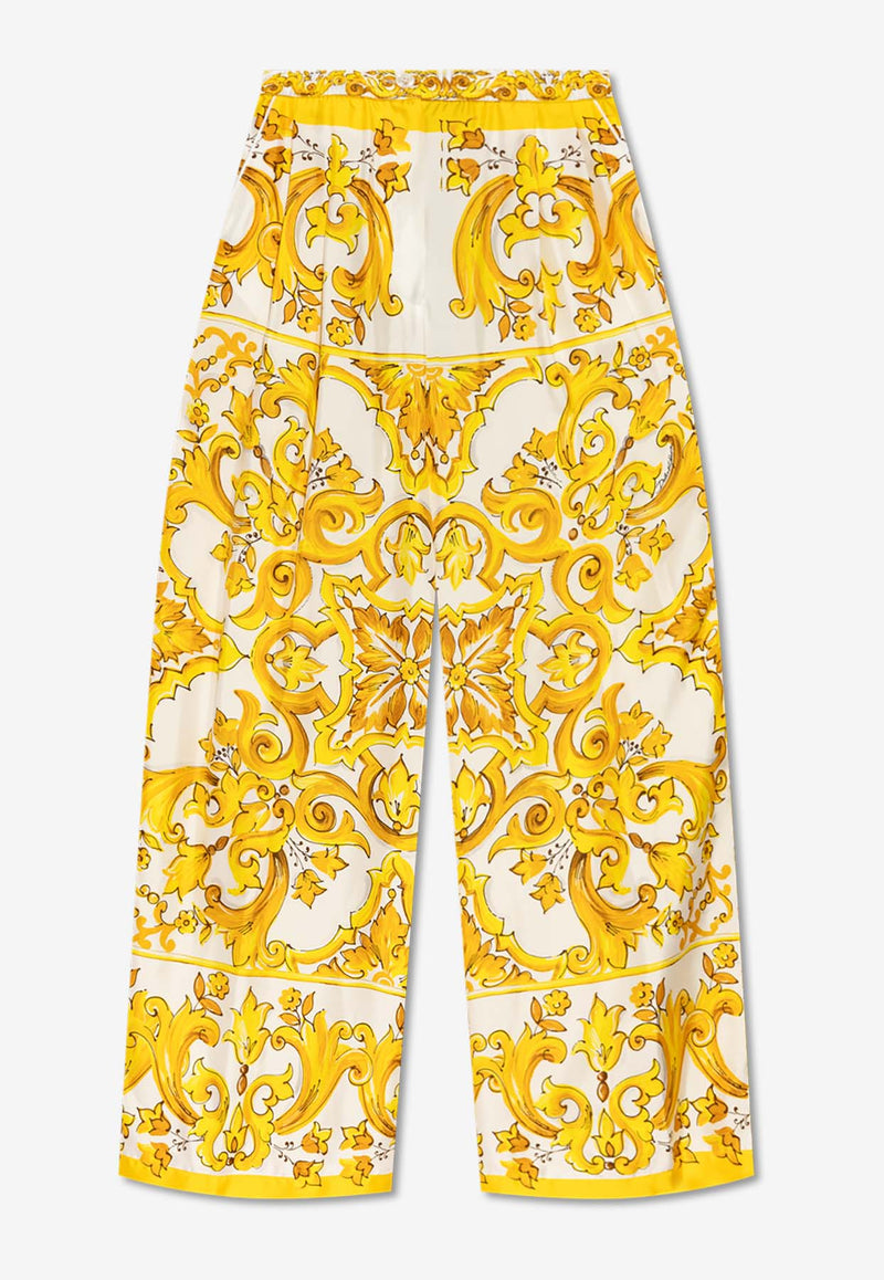 Dolce & Gabbana Majolica Print Wide-Leg Silk Pants Yellow FTC63T HI1BE-HG3TN