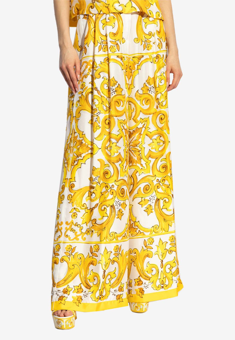 Dolce & Gabbana Majolica Print Wide-Leg Silk Pants Yellow FTC63T HI1BE-HG3TN