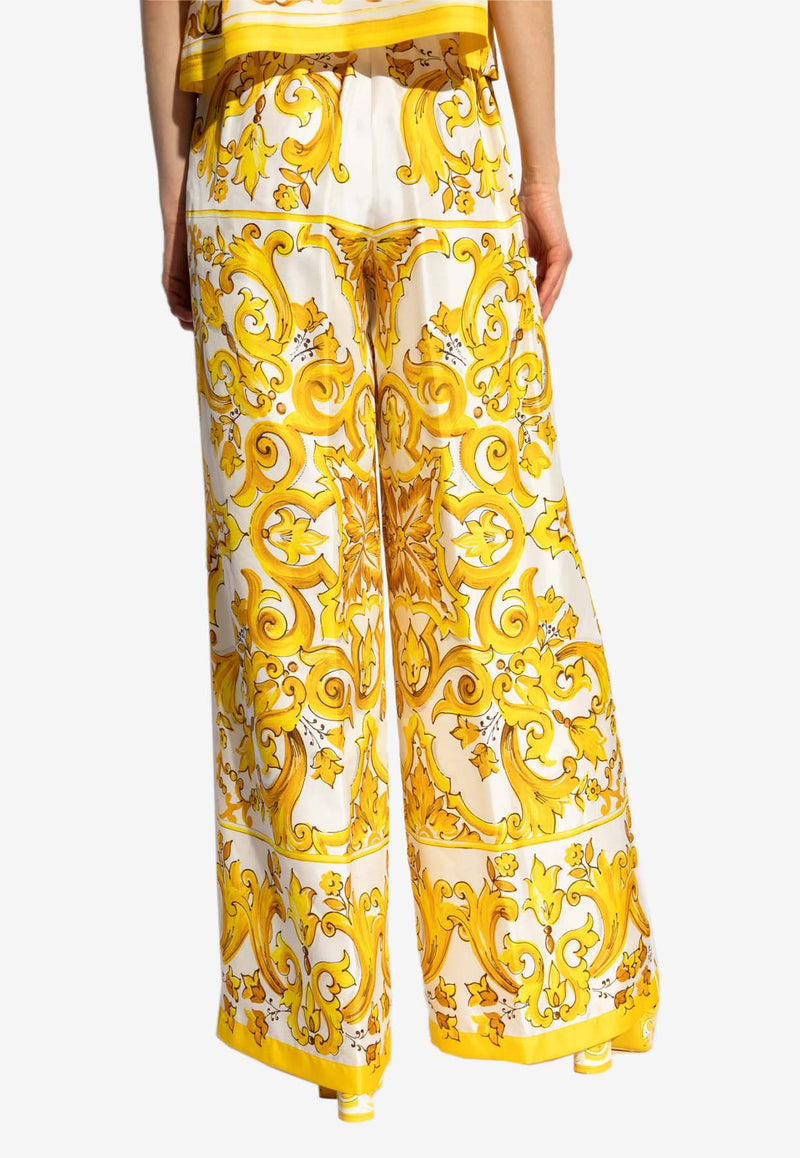 Dolce & Gabbana Majolica Print Wide-Leg Silk Pants Yellow FTC63T HI1BE-HG3TN