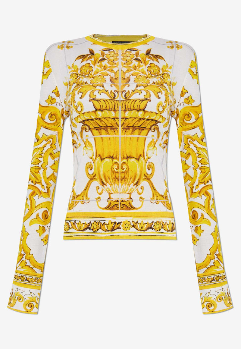 Dolce & Gabbana Majolica Print Silk Crewneck Sweater Yellow FXX30T JAHKF-HG3TN