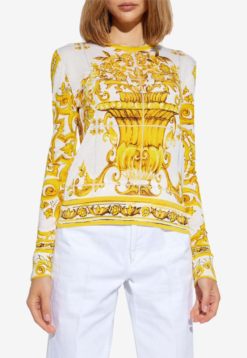 Dolce & Gabbana Majolica Print Silk Crewneck Sweater Yellow FXX30T JAHKF-HG3TN