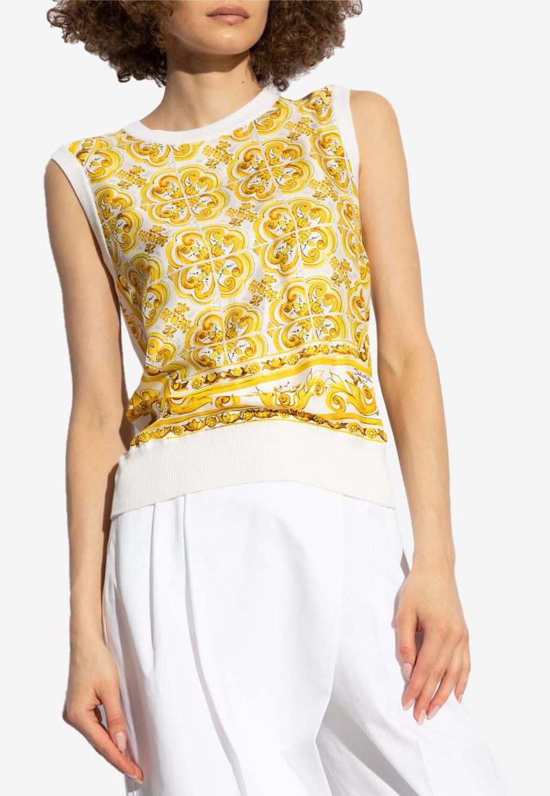 Dolce & Gabbana Majolica Print Silk Knit Top Yellow FXT06T JBSJE-HG3TN