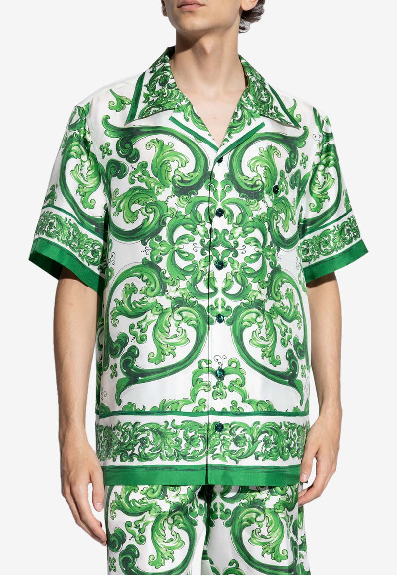 Dolce & Gabbana Majolica Print Bowling Silk Shirt Green G5JH9T HI1S6-H85DQ