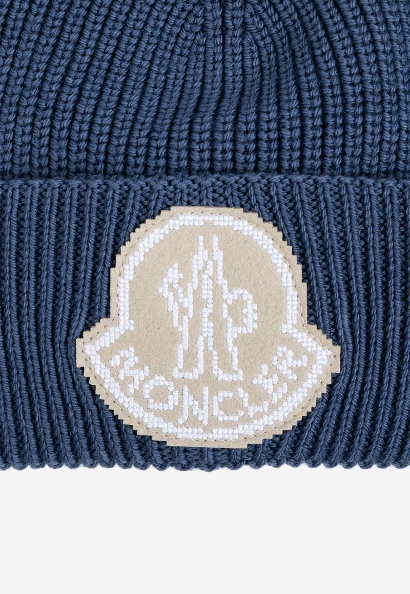 Moncler Logo Patch Wool Beanie Blue J20913B00019 M1282-71G