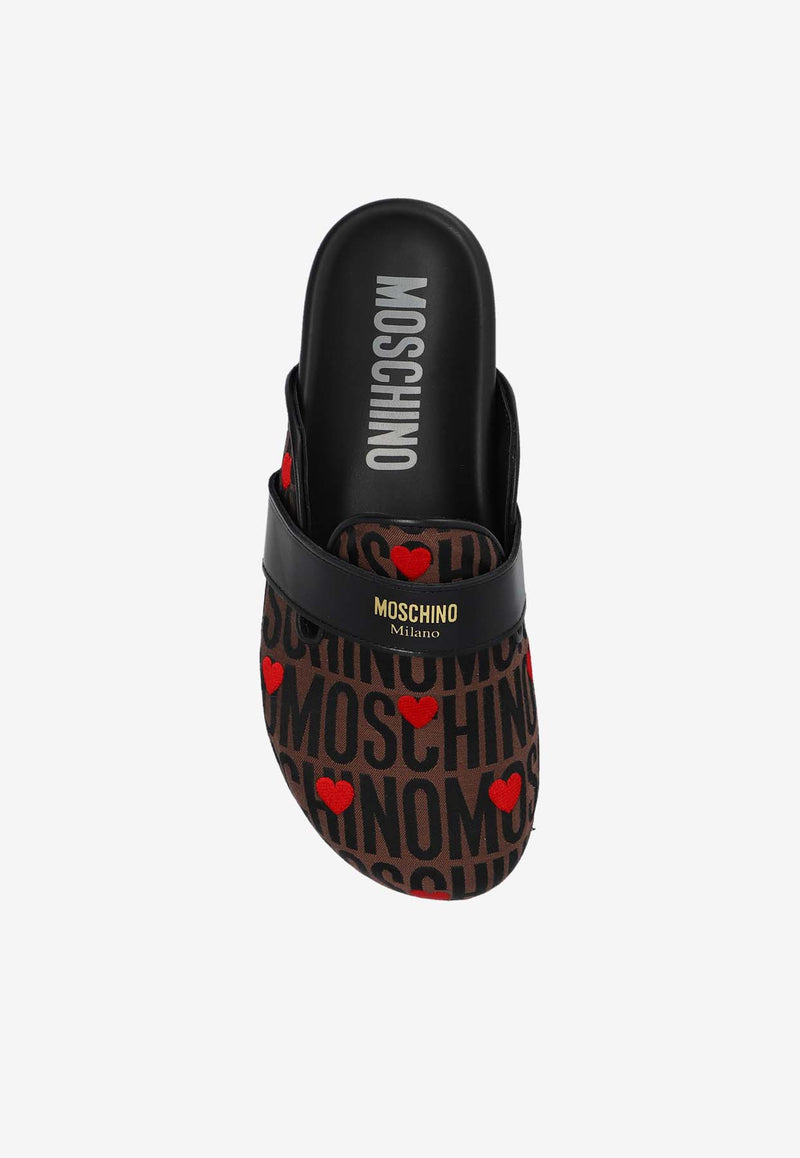 Moschino Heart-Motif Monogram Flat Mules Brown MN10303G1L 111-30A