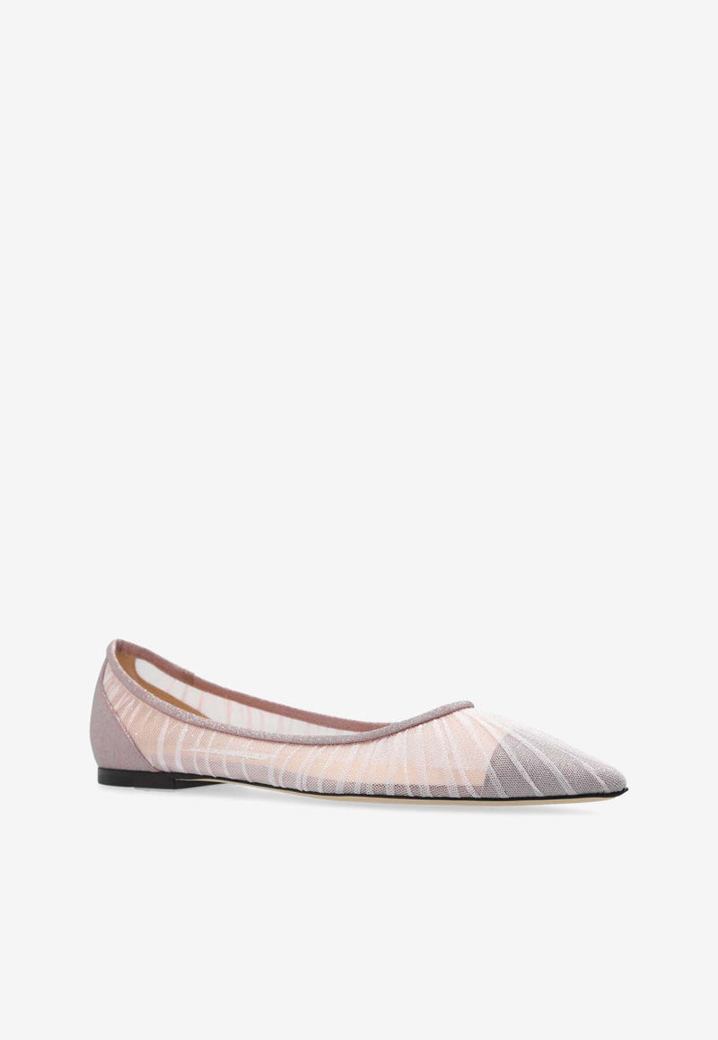 Jimmy Choo Love Glittered Mesh Ballet Flats Pink LOVE FLAT HTI-ROSE ROSE