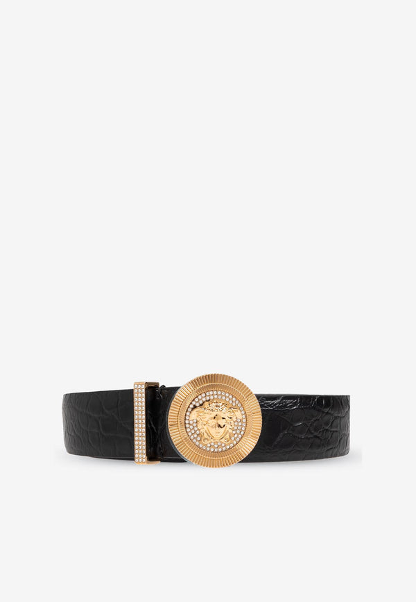 Versace Medusa Biggie Croc-Embossed Leather Belt Black 1004009 1A11597-1B00V