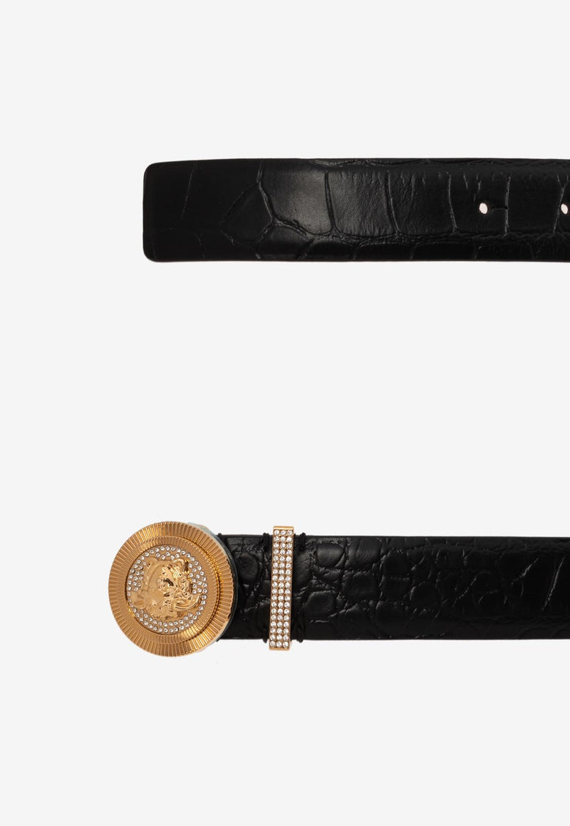 Versace Medusa Biggie Croc-Embossed Leather Belt Black 1004009 1A11597-1B00V