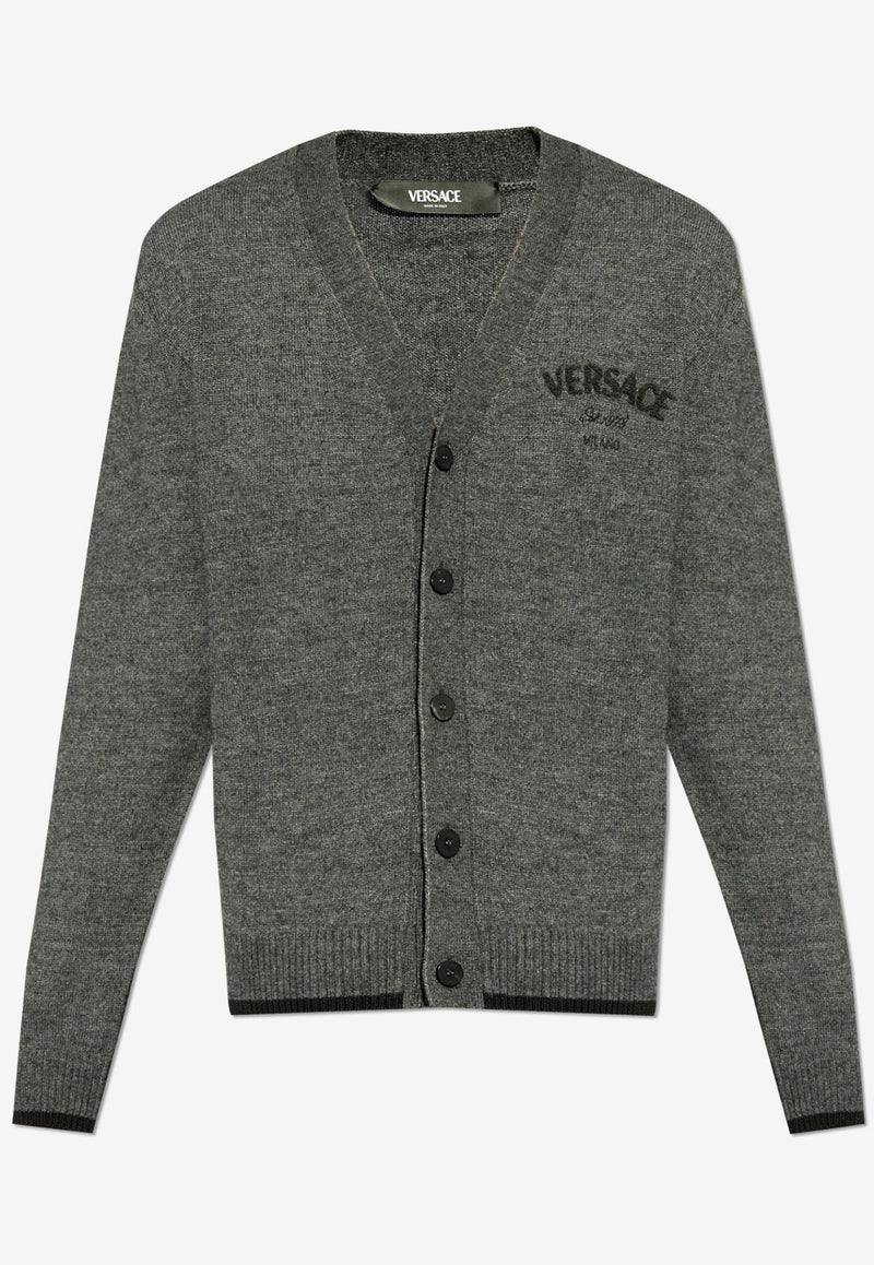 Versace Logo Embroidered Wool Cardigan Gray 1016058 1A11247-1E060