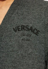 Versace Logo Embroidered Wool Cardigan Gray 1016058 1A11247-1E060