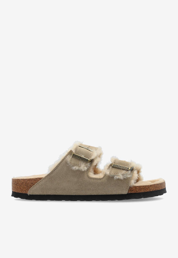 Birkenstock Arizona Two-Strap Shearling Slides Taupe 1028293 0-TAUPE