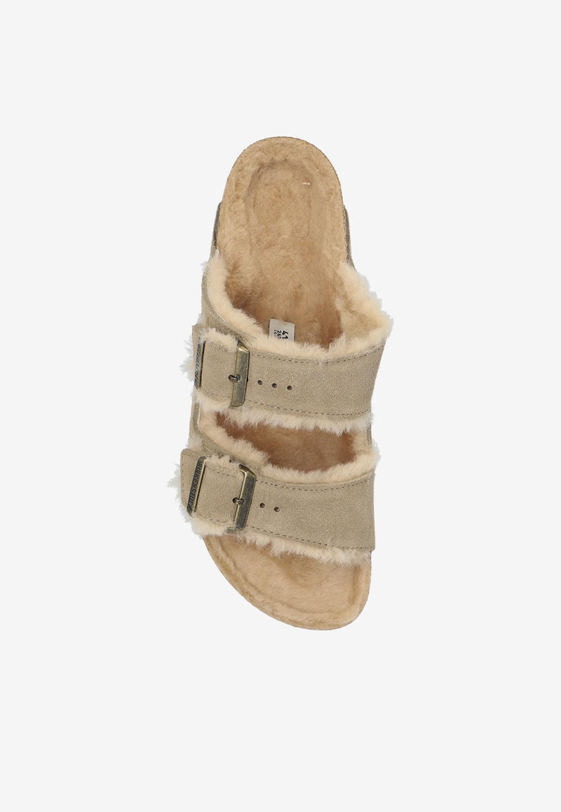 Birkenstock Arizona Two-Strap Shearling Slides Taupe 1028293 0-TAUPE