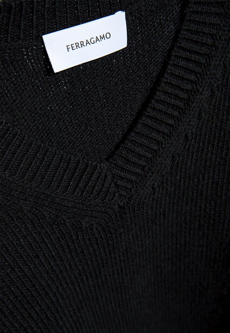 Salvatore Ferragamo Ribbed Knit V-neck Sweater Black 122411 E 775752-NERO