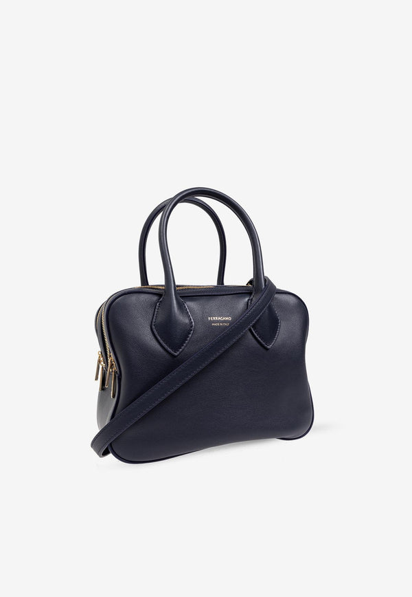 Salvatore Ferragamo Medium Calf Leather Top Handle Bag Midnight Blue 218958 STAR TH 774833-MIDNIGHT