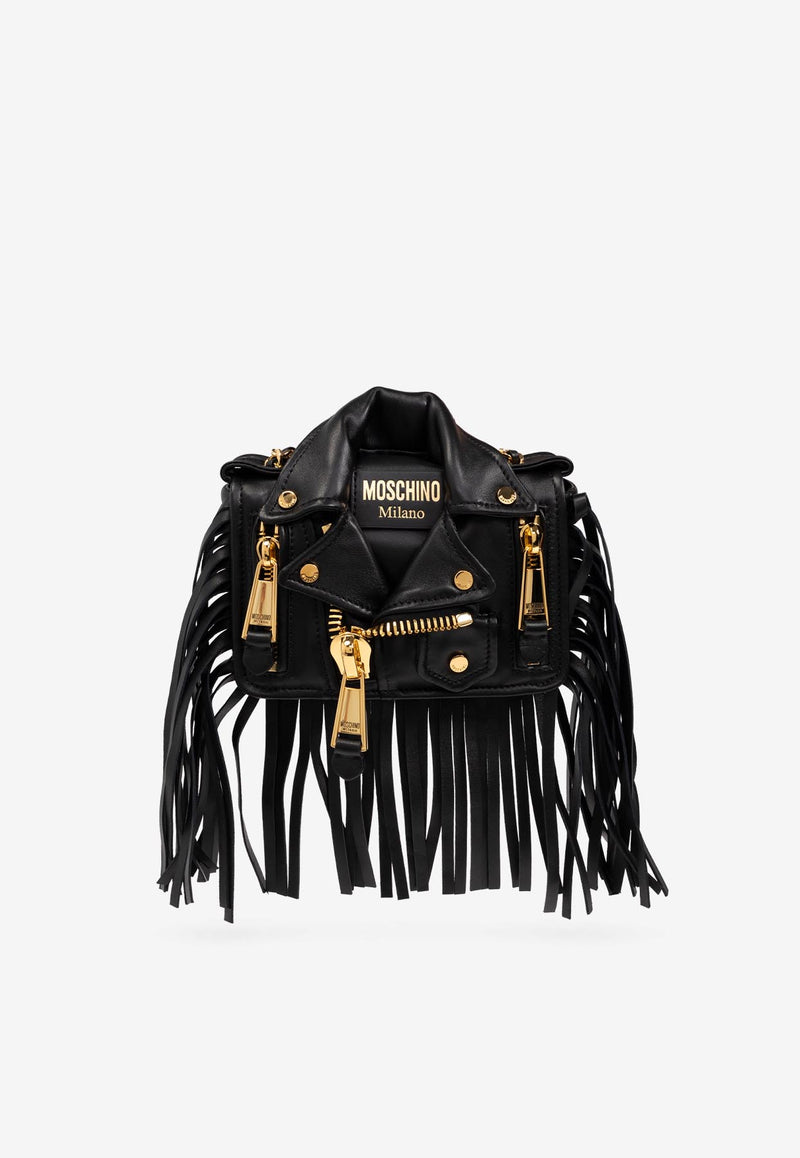 Moschino Biker Fringed Leather Shoulder Bag Black 2427 A7317 8002-1555