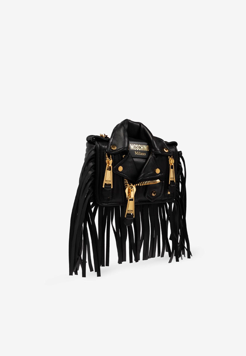 Moschino Biker Fringed Leather Shoulder Bag Black 2427 A7317 8002-1555