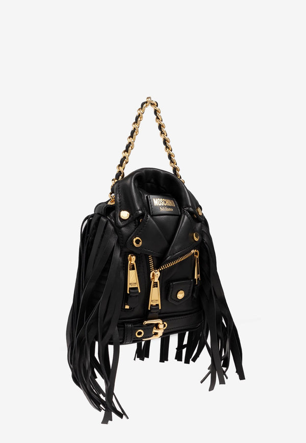 Moschino Biker Fringed Leather Backpack Black 2427 A7611 8002-1555