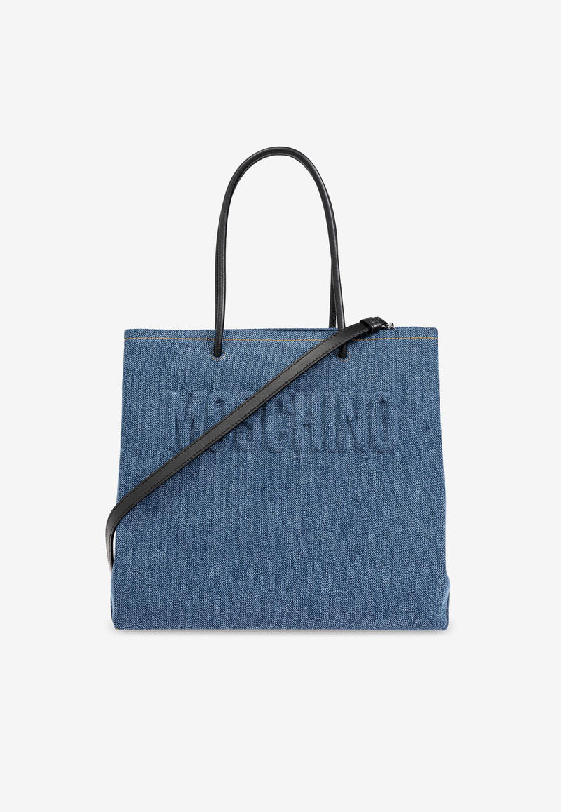 Moschino Logo Embossed Denim Tote Bag Blue 2427 A7359 8218-1295