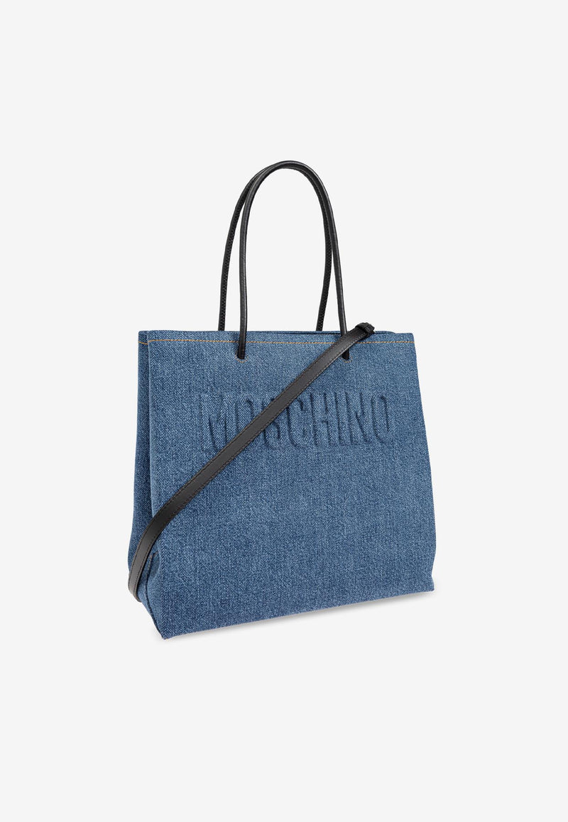 Moschino Logo Embossed Denim Tote Bag Blue 2427 A7359 8218-1295