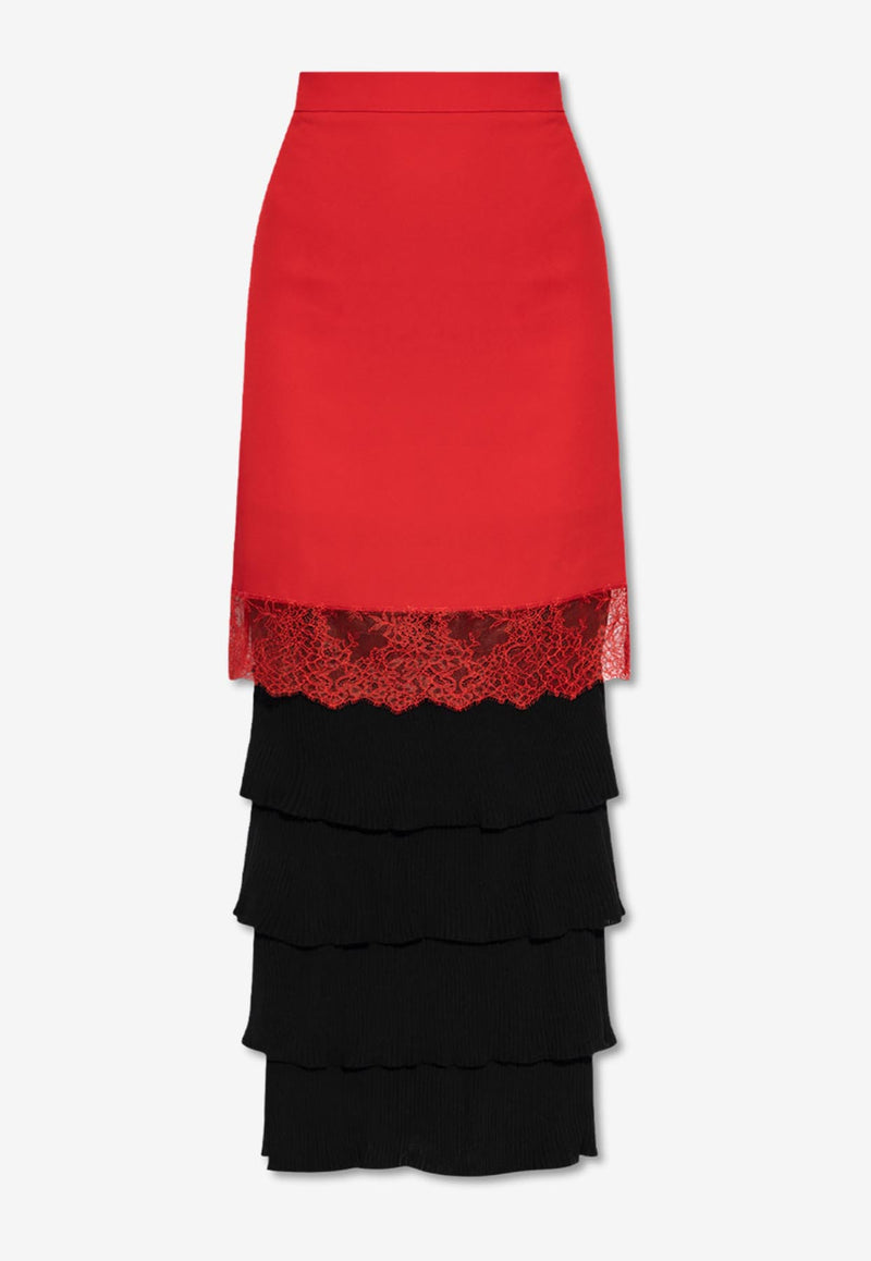 Moschino Lace-Trimmed Tiered Maxi Skirt Red 242D A0106 5433-2115