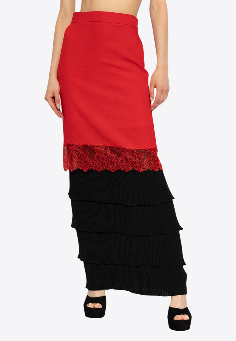 Moschino Lace-Trimmed Tiered Maxi Skirt Red 242D A0106 5433-2115