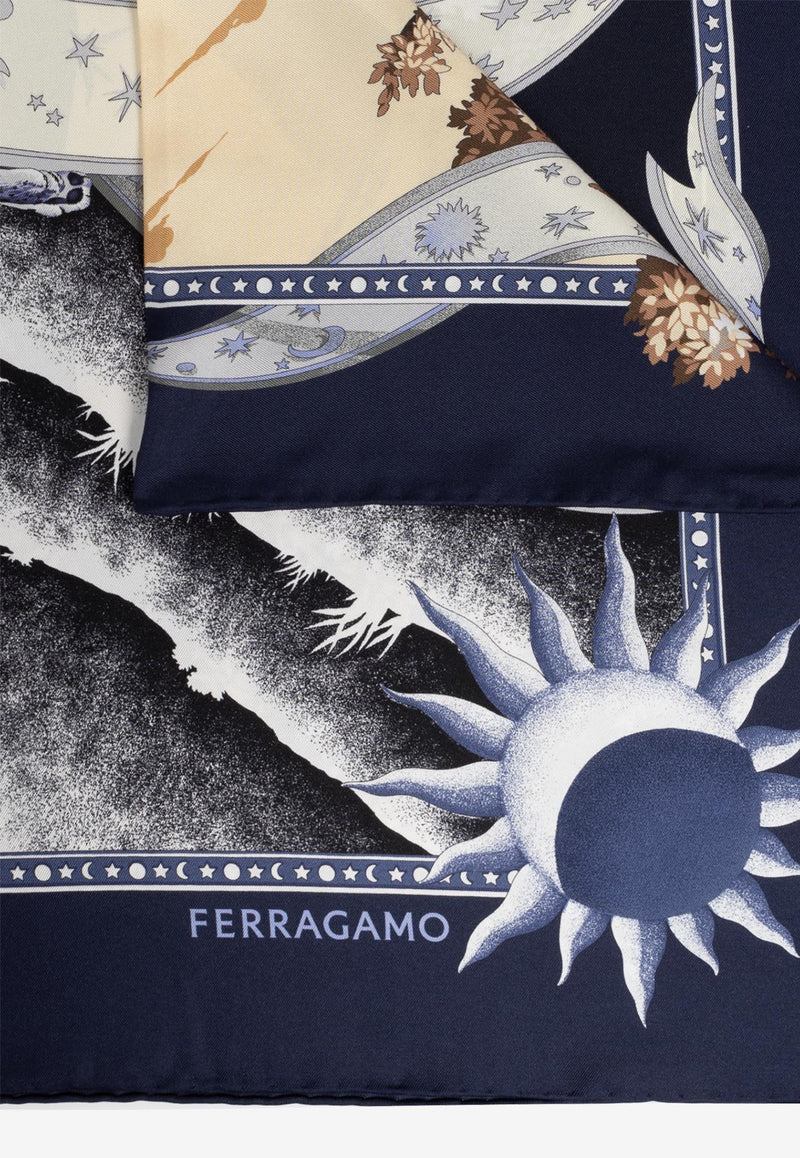 Salvatore Ferragamo Day and Night Silk Scarf Navy 310184 FO DAYNIGHT 775495-BLU BLACK