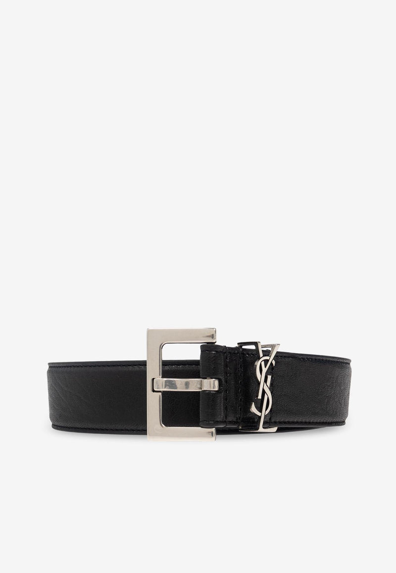 Saint Laurent Cassandre Loop Leather Belt Black 634440 AAC8A-1000