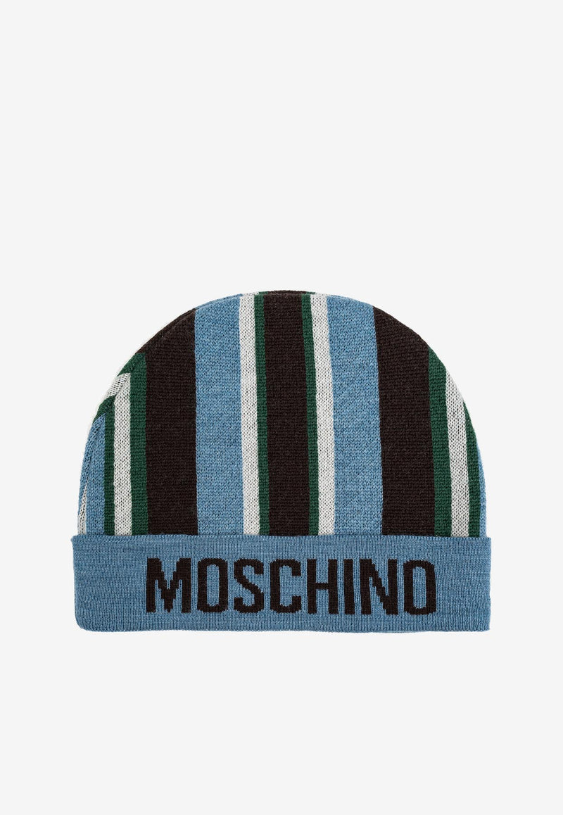 Moschino Logo Intarsia Striped Wool Beanie Blue 60101 M5800-012