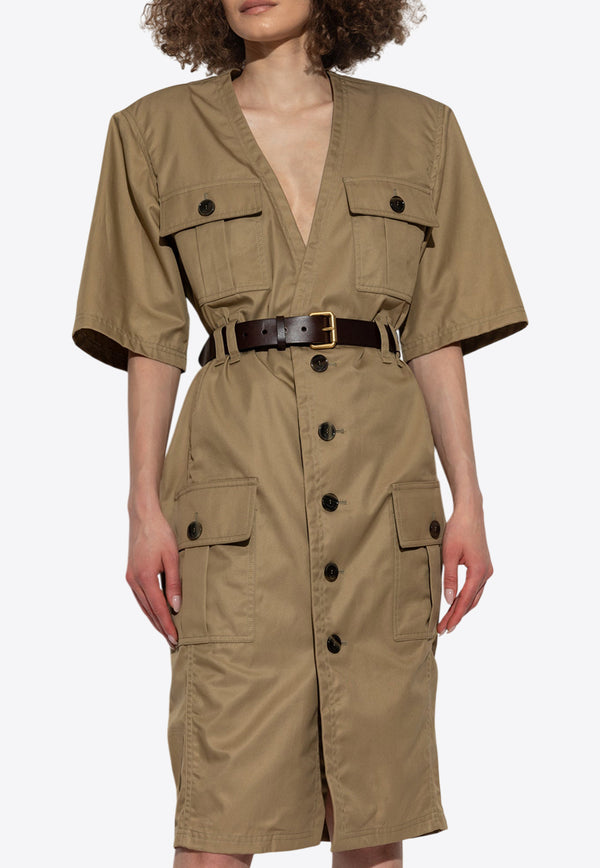 Saint Laurent Saharienne Button-Up Belted Dress Beige 790089 Y3A99-2611