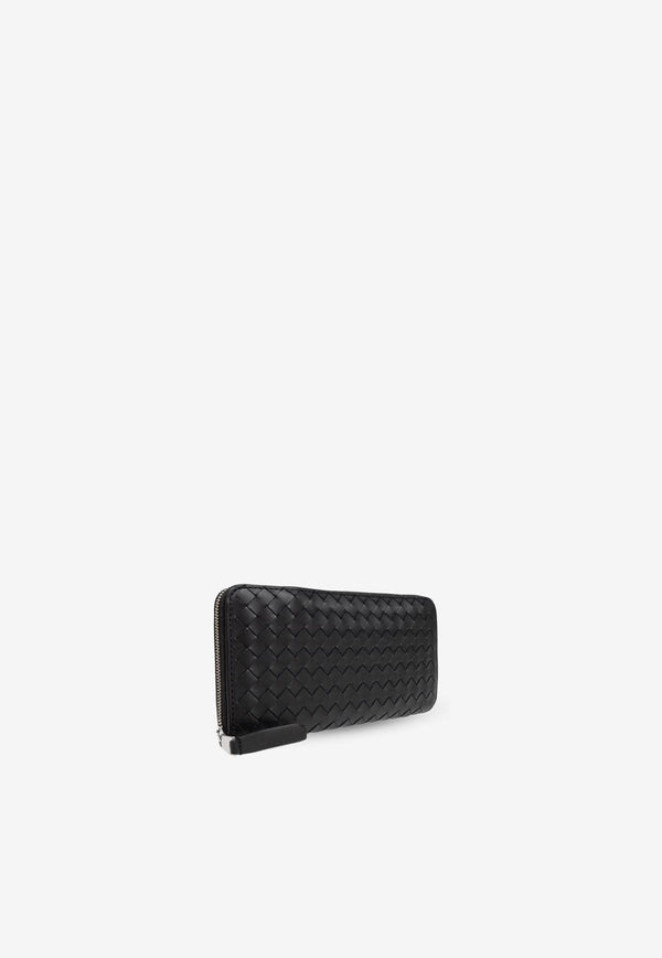 Bottega Veneta Intrecciato Piccolo Leather Zip-Around Wallet Black 796967 V4LQ1-8803