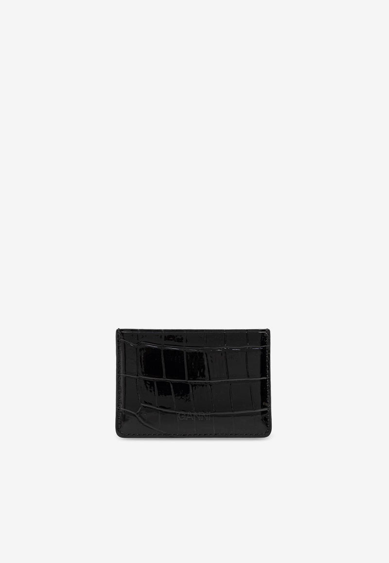 GANNI Croc-Embossed Leather Logo Cardholder Black A6148 5898-099