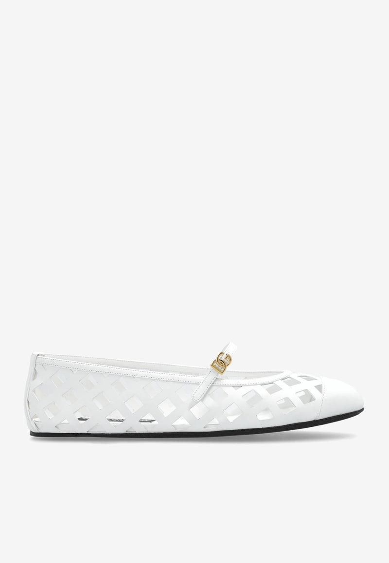 Dolce & Gabbana Odette Openwork Ballet Flats in Calf Leather White CB0216 AW576-80002