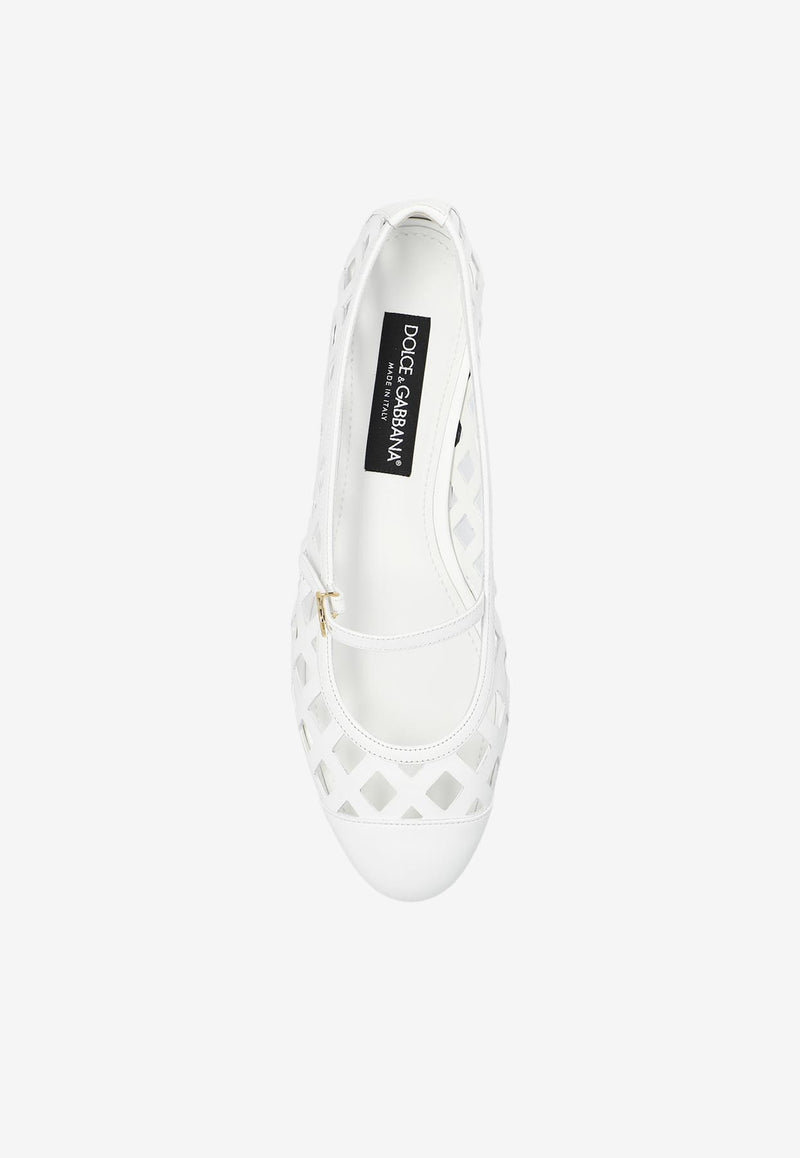 Dolce & Gabbana Odette Openwork Ballet Flats in Calf Leather White CB0216 AW576-80002