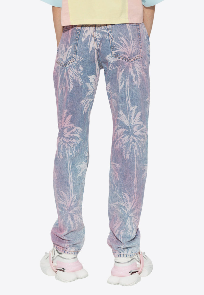 Balmain Palm Tree Print Boyfriend Jeans Blue DF1MK015 DE64-6FF