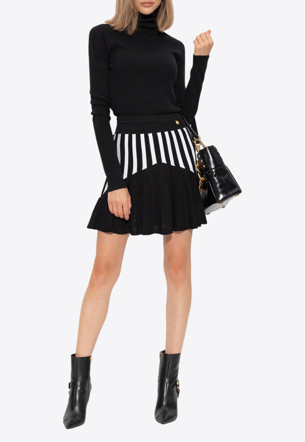 Balmain Striped Knit Pleated Mini Skirt
 Black DF1LB663 KG58-EAB