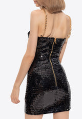 Balmain Chain Strap Sequined Mini Dress Black DF1R2370 XJ25-0PA