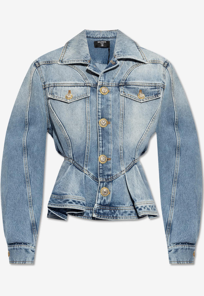 Balmain Peplum Denim Jacket Blue DF1SI560 DE53-6FC