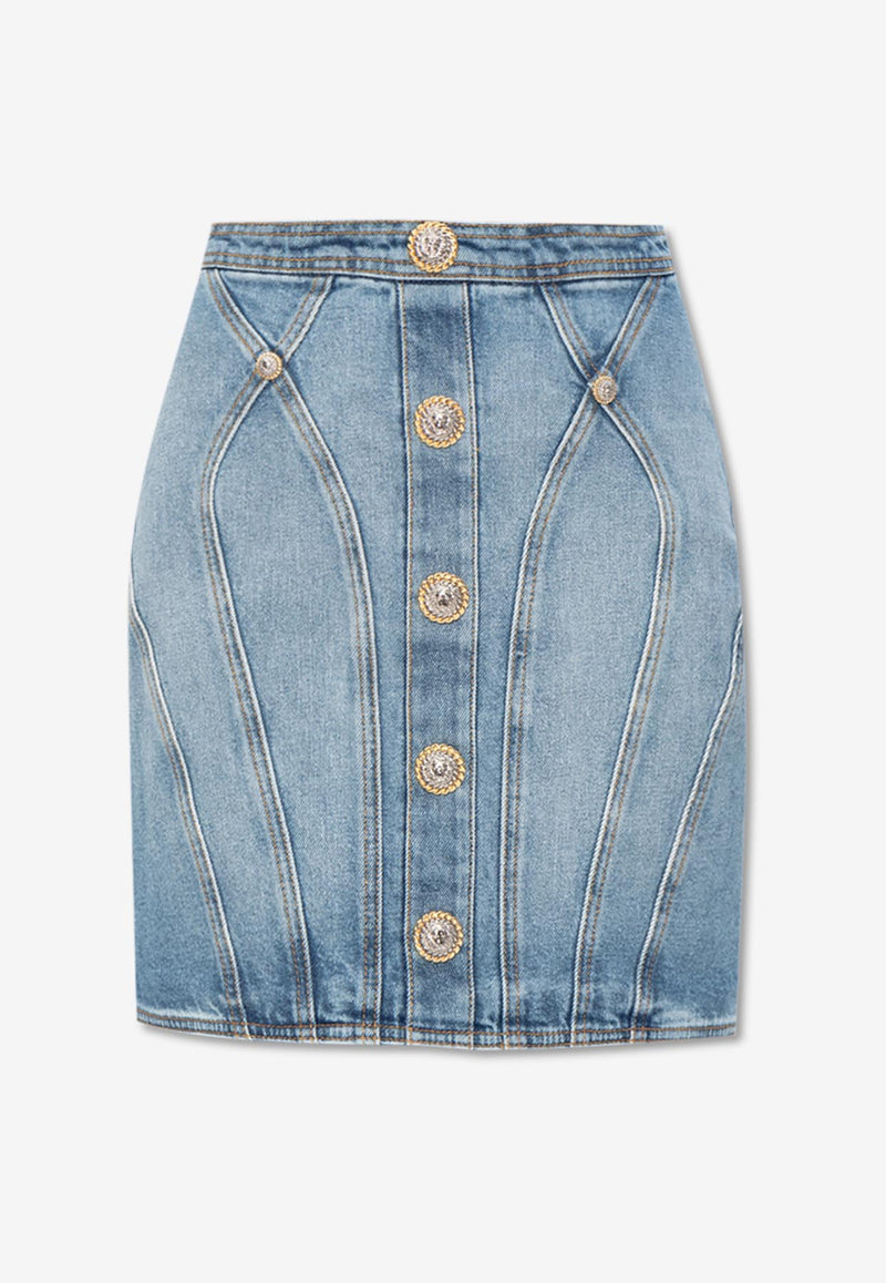 Balmain Buttoned Mini Denim Skirt Blue DF1LBA22 DE53-6FC