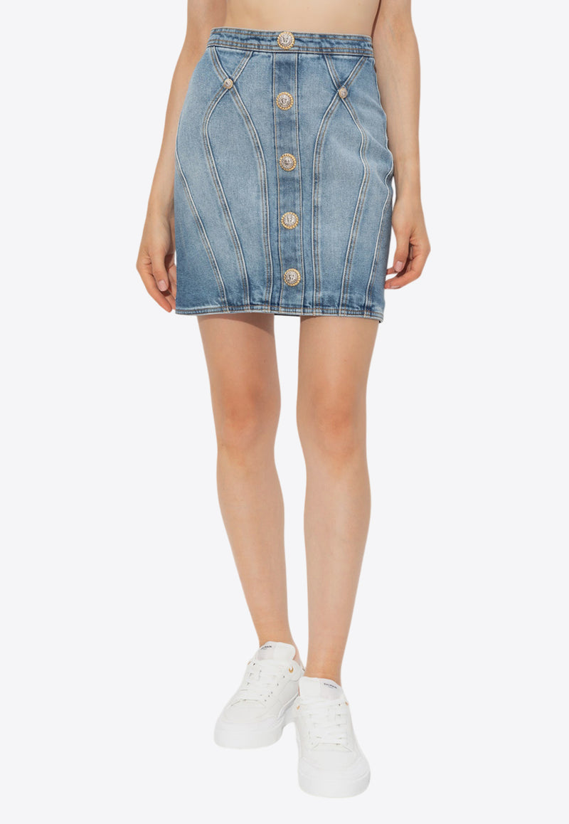 Balmain Buttoned Mini Denim Skirt Blue DF1LBA22 DE53-6FC