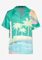 Balmain Palm Tree Print Satin Bowling Shirt Green DH1HN067 VF35-AAA