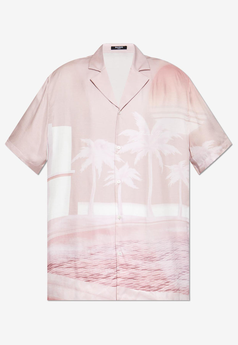 Balmain Postcard Print Bowling Shirt Pink DH1HN110 VF36-OES