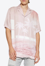 Balmain Postcard Print Bowling Shirt Pink DH1HN110 VF36-OES