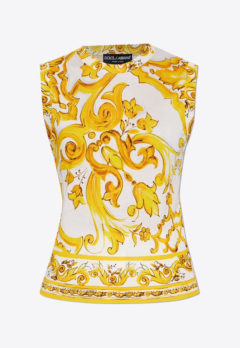 Dolce & Gabbana Majolica Print Silk Sleeveless Top Yellow FXT01T JAHKG-HG3TN