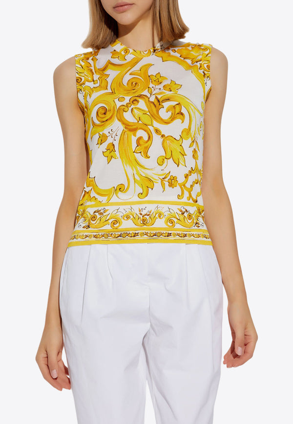 Dolce & Gabbana Majolica Print Silk Sleeveless Top Yellow FXT01T JAHKG-HG3TN