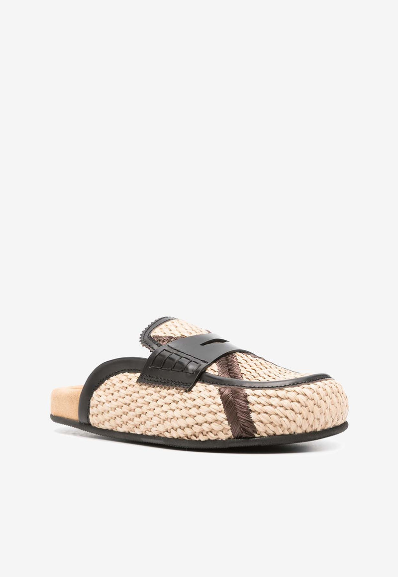 College Leather-Trimmed Raffia Flat Mules Natural CWR13123_1